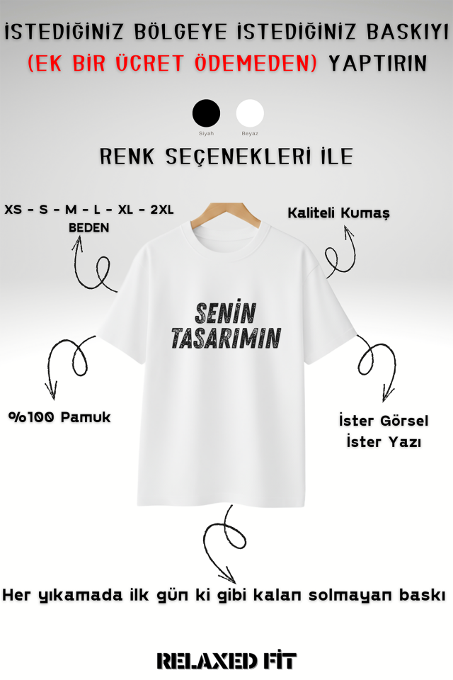 Kişiye Özel Baskı (Kendin Tasarla) Baskılı %100 Pamuk Bisiklet Yaka Relax Kesim T-Shirt