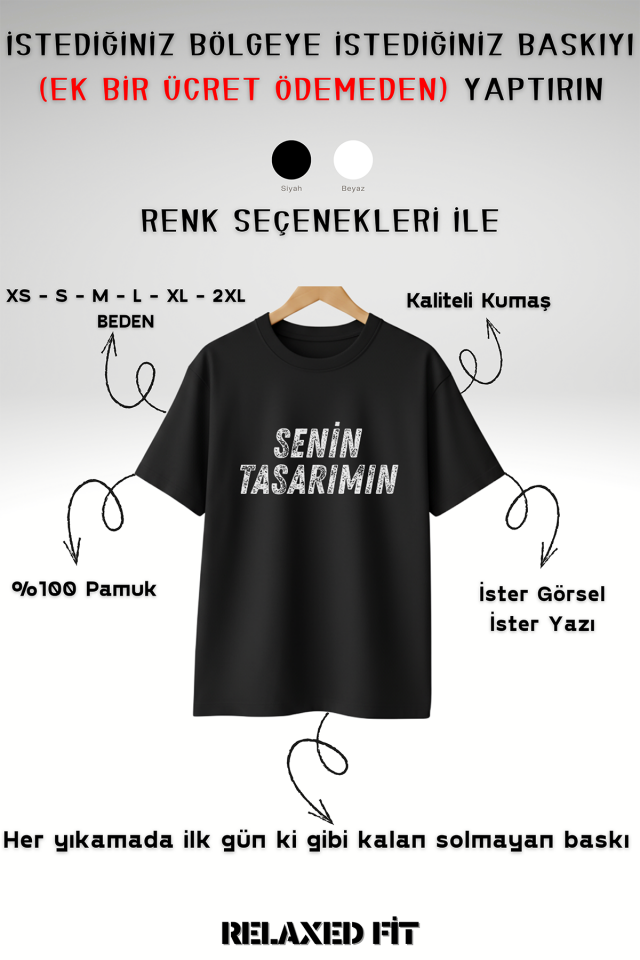 Kişiye Özel Baskı (Kendin Tasarla) Baskılı %100 Pamuk Bisiklet Yaka Relax Kesim T-Shirt