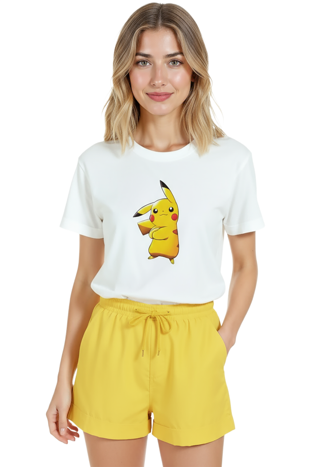 Kadın Beyaz Relaxed Fit %100 Pamuk Tişört – Pikachu Çizgi Karakter Baskılı