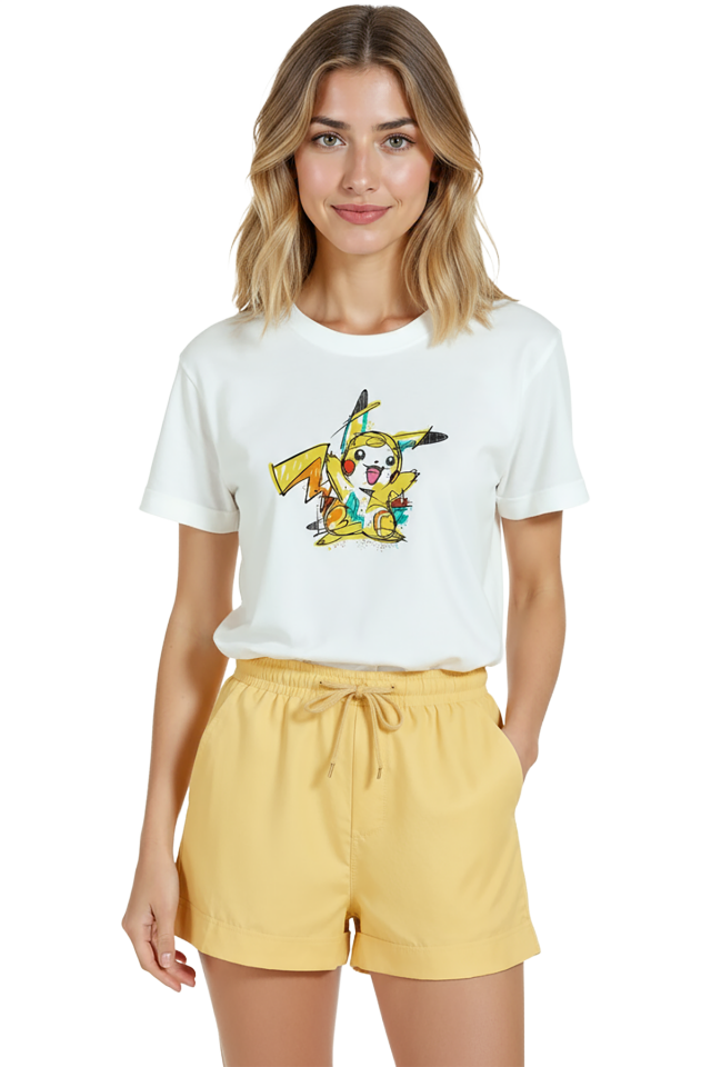 Kadın Beyaz Relaxed Fit %100 Pamuk Tişört – Pikachu Karakter Baskılı