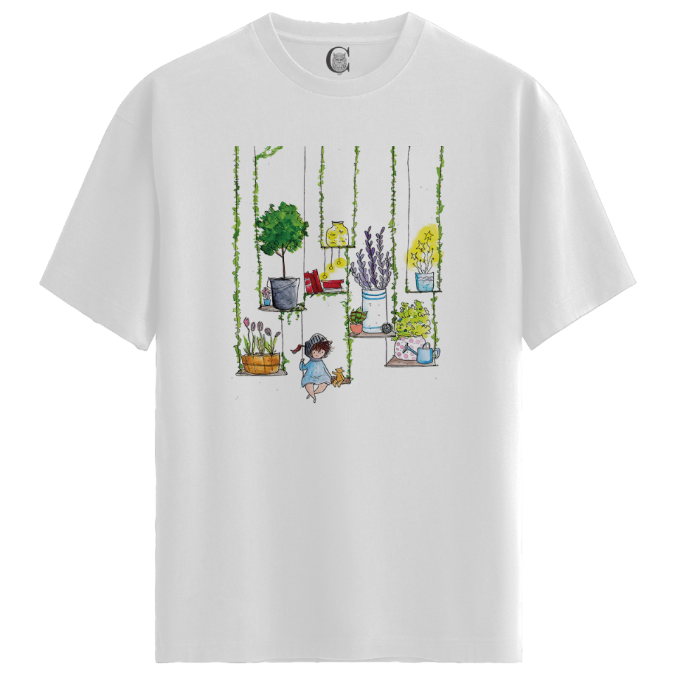 Cozy Garden Swing - %100 Pamuklu Kadın Beyaz Tişört - Premium Quality