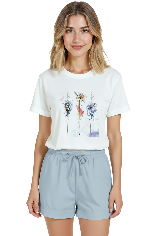 Kadın Beyaz Relaxed Fit %100 Pamuk Tişört – Suluboya Çiçekler & İnce Mürekkep Eskiz Baskılı