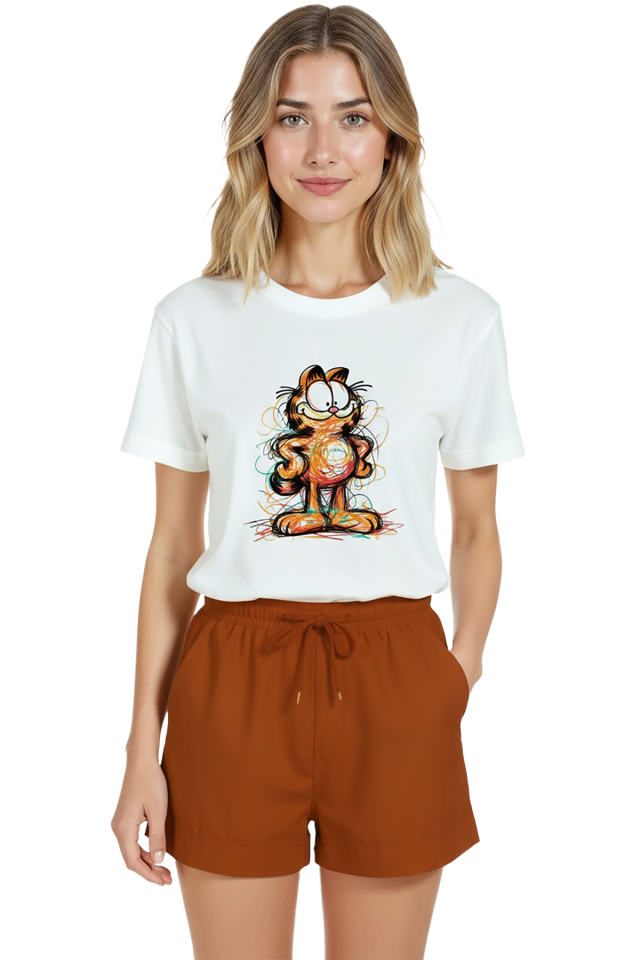 Kadın Beyaz Relaxed Fit %100 Pamuk Tişört – Çizgisel Karalama Kedi İllüstrasyonlu