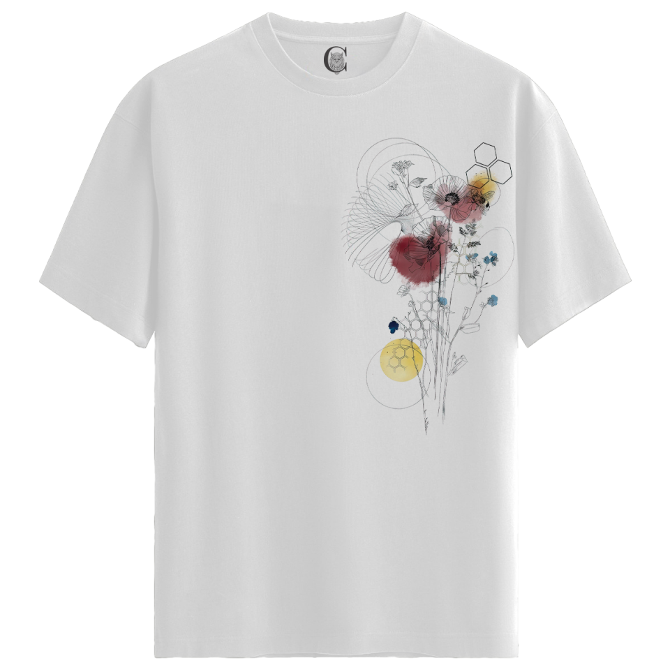 Floral Hex - %100 Pamuklu Kadın Beyaz Tişört - Premium Quality