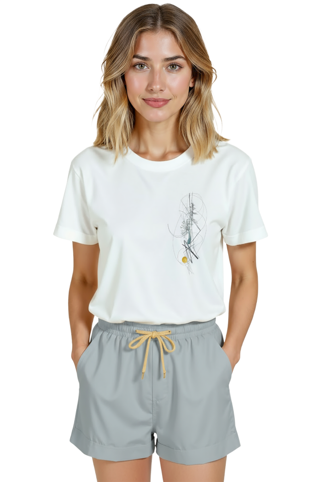 Kadın Beyaz Relaxed Fit %100 Pamuk Tişört – İnce Çizgisel Soyut Baskılı