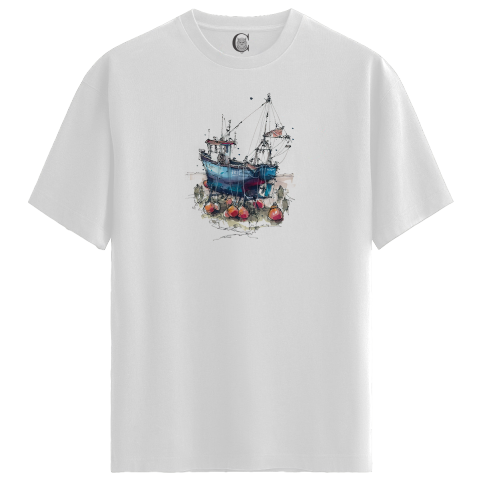 Fishing Boat - %100 Pamuklu Kadın Beyaz Tişört - Premium Quality