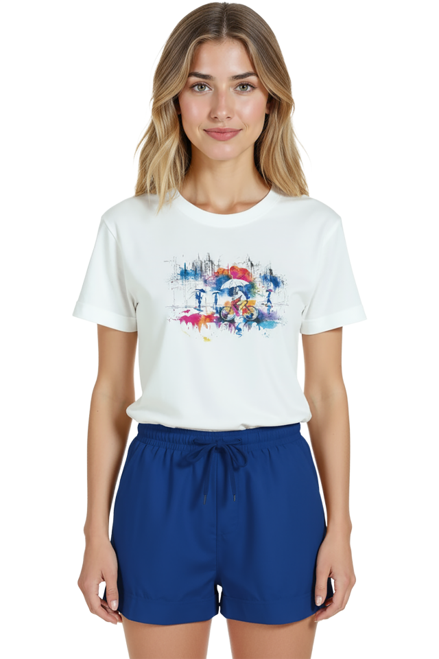 Kadın Beyaz Relaxed Fit %100 Pamuk Tişört – Şehir Bisikletçi Suluboya Baskılı