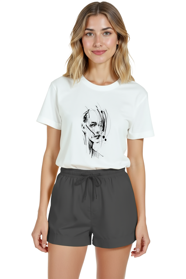 Kadın Beyaz Relaxed Fit %100 Pamuk Tişört – Çizgisel Mürekkep Yüz İllüstrasyonlu