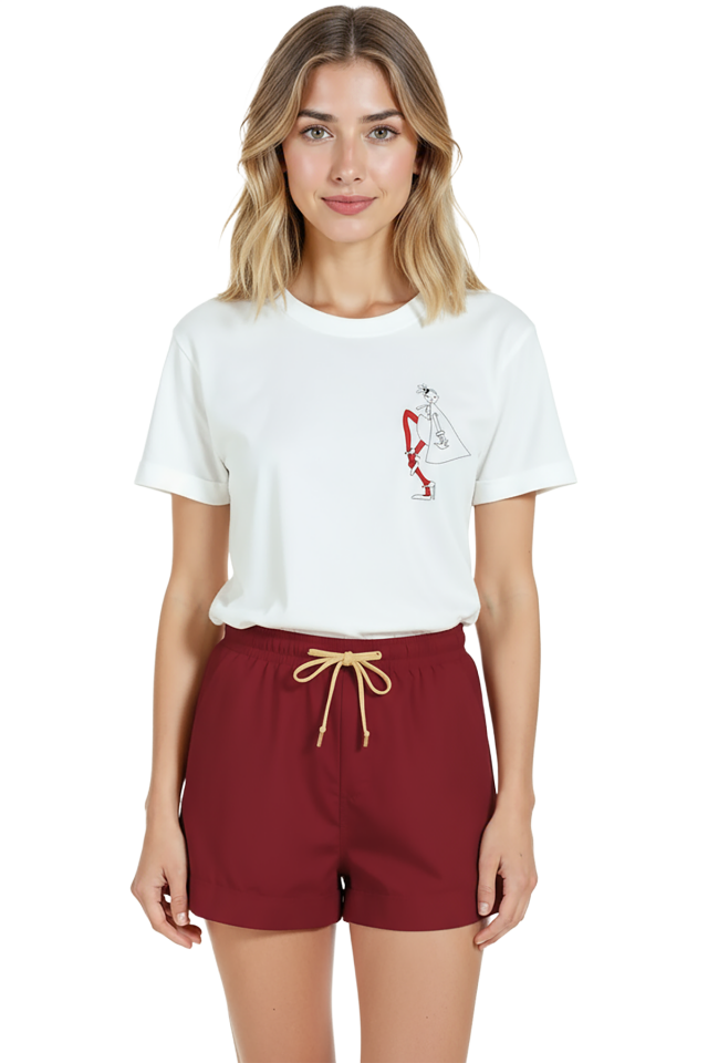 Kadın Beyaz Relaxed Fit %100 Pamuk Tişört – Kırmızı Pelerinli Doodle Kız Baskılı