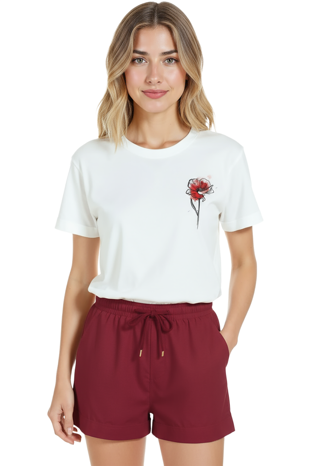 Kadın Beyaz Relaxed Fit %100 Pamuk Tişört – Kırmızı Gelincik Suluboya Minyatür Baskılı