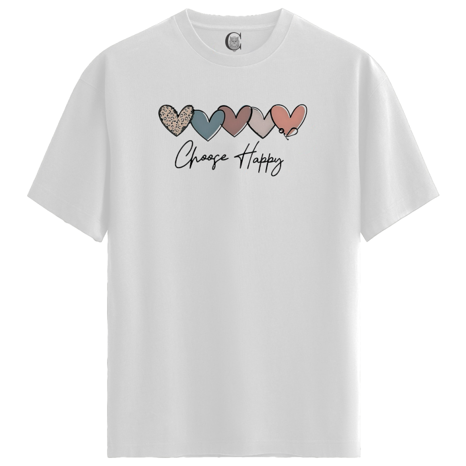 Happy Hearts - %100 Pamuklu Kadın Beyaz Tişört - Premium Quality