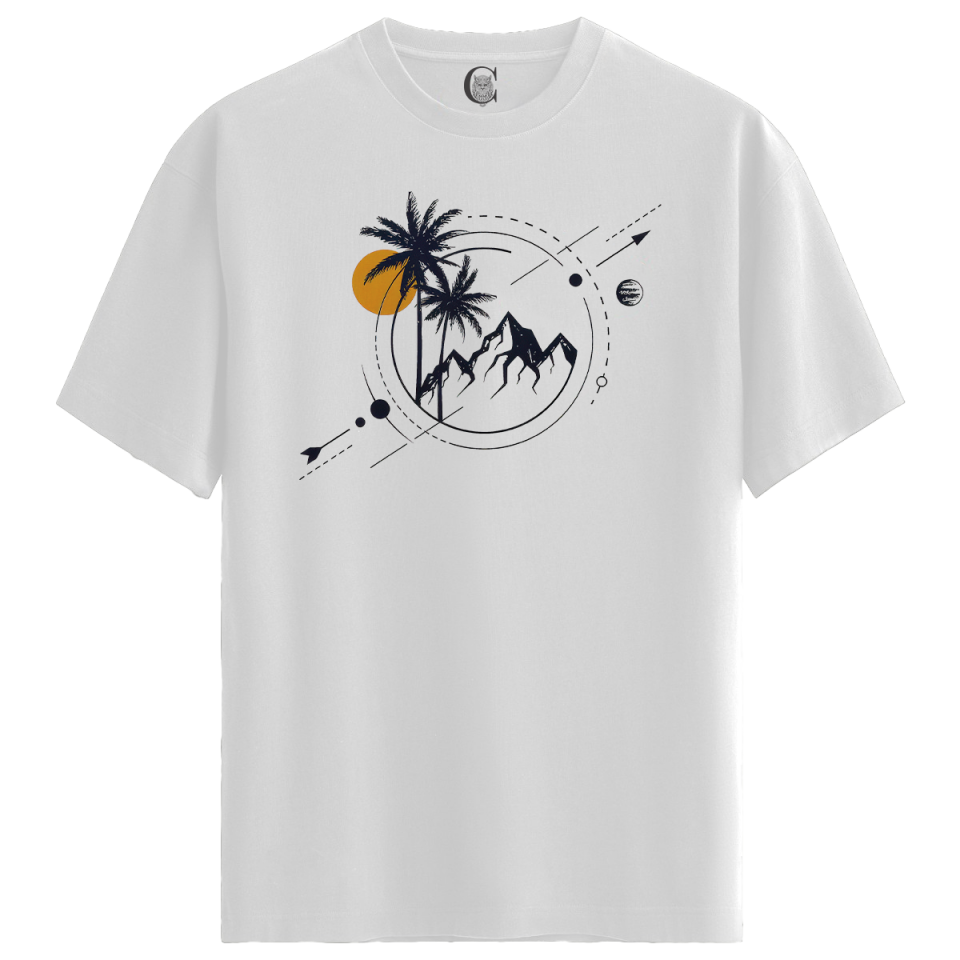 Geometric Tropical - %100 Pamuklu Kadın Beyaz Tişört - Premium Quality