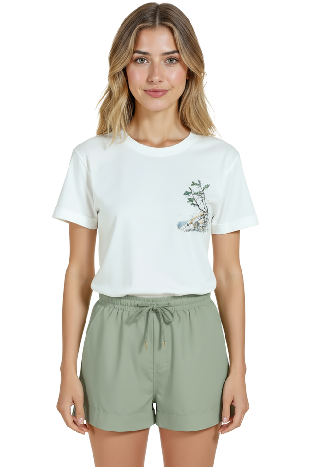 Kadın Beyaz Relaxed Fit %100 Pamuk Tişört – Kıyı Ağacı Suluboya Minyatür Baskılı