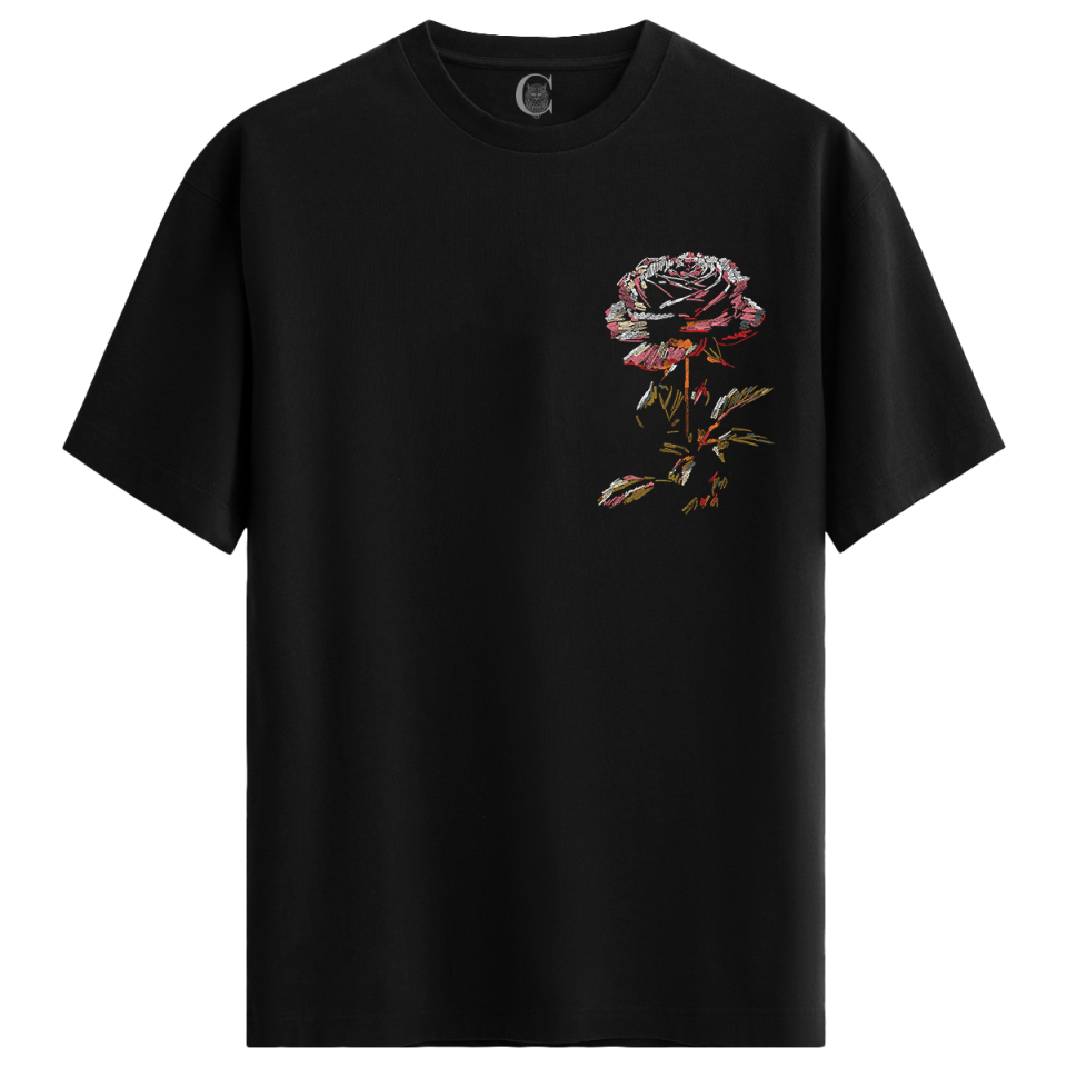 Rose Sketch - %100 Pamuklu Kadın Siyah Tişört - Premium Quality
