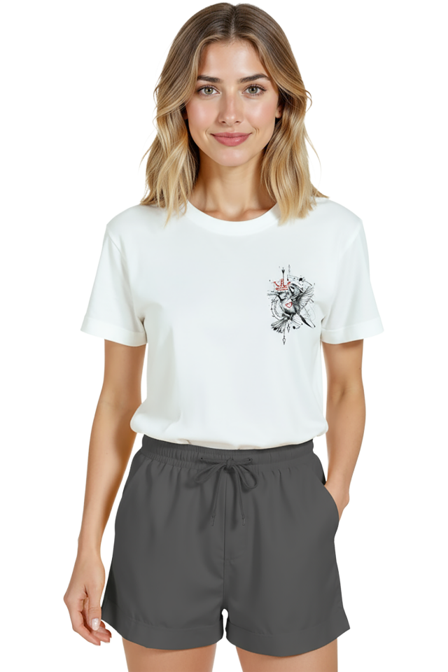 Kadın Beyaz Relaxed Fit %100 Pamuk Tişört – Kırmızı Taclı Serçe Doodle Baskılı