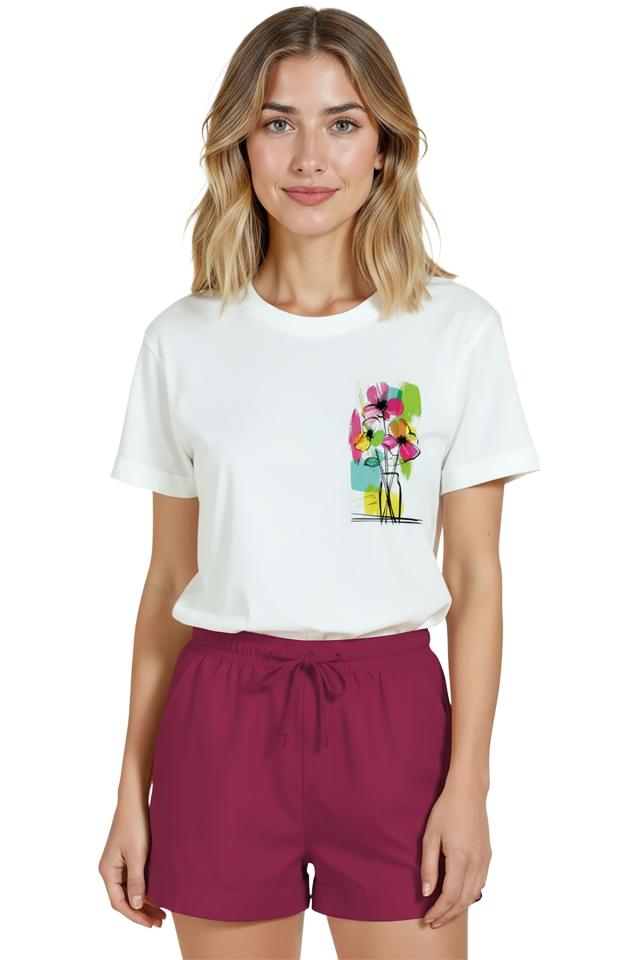 Kadın Beyaz Relaxed Fit %100 Pamuk Tişört – Suluboya Çiçek Buketi Eskiz Baskılı