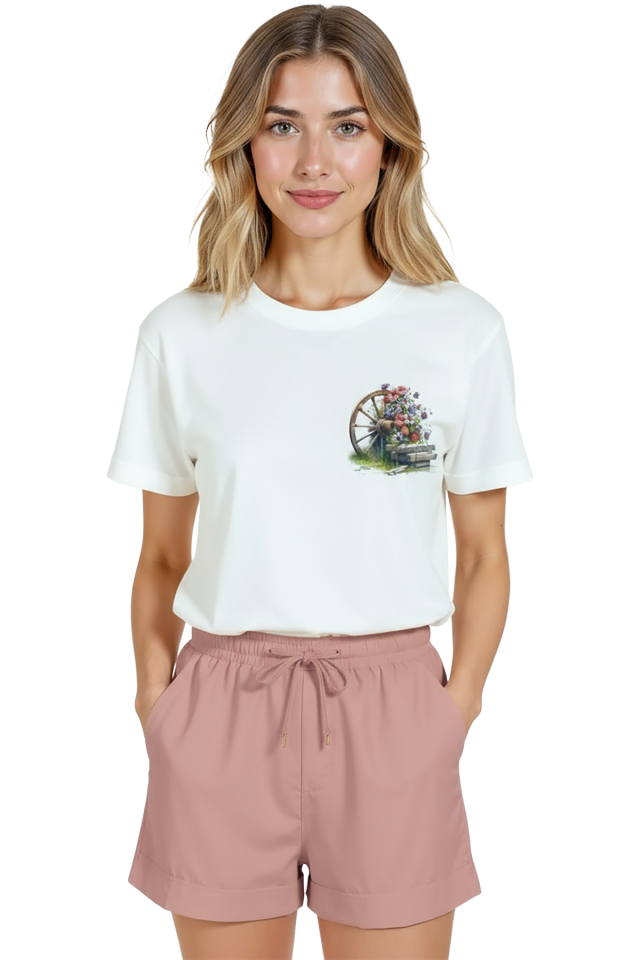 Kadın Beyaz Relaxed Fit %100 Pamuk Tişört – Çiçekli Teker Suluboya Minyatür Baskılı