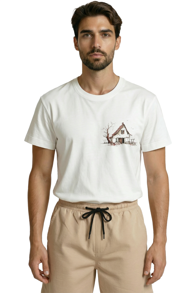 Minimalist Eskiz Köy Evi Baskılı Tasarım Premium Pamuk Erkek Tişört
