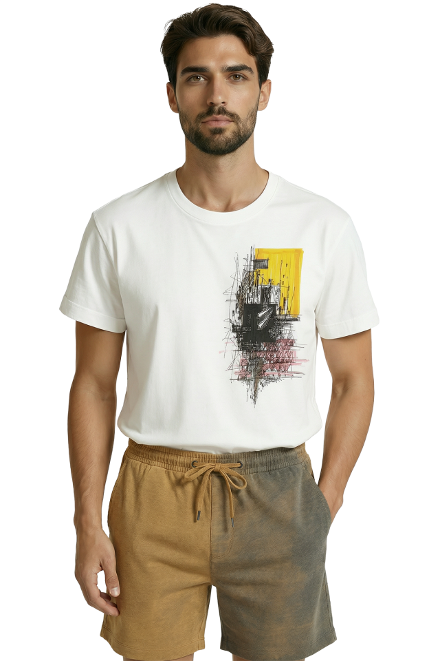 Soyut Şehir Mimarisi ve Eskiz Sanat Baskılı Premium Pamuk Erkek Tişört