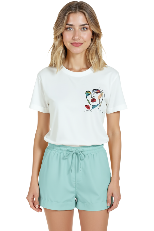 Kadın Beyaz Relaxed Fit %100 Pamuk Tişört – Tek Çizgi Renkli Yüz Minyatür Baskılı