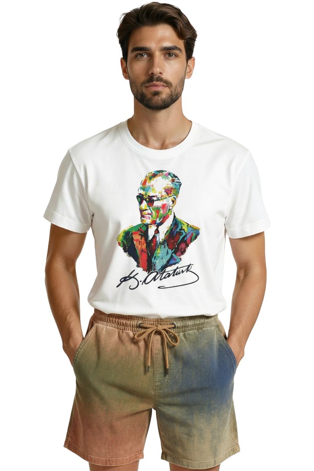 Renkli Atatürk Portreli ve İmzalı Özel Tasarım Premium Erkek Tişört