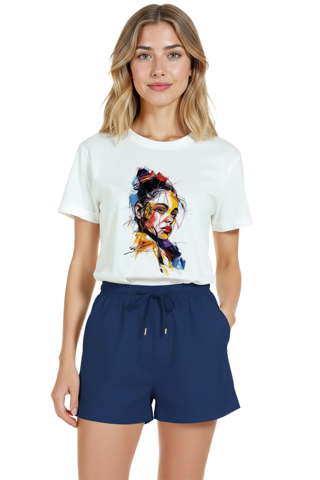 Kadın Beyaz Relaxed Fit %100 Pamuk Tişört – Soyut Renkli Portre Baskılı