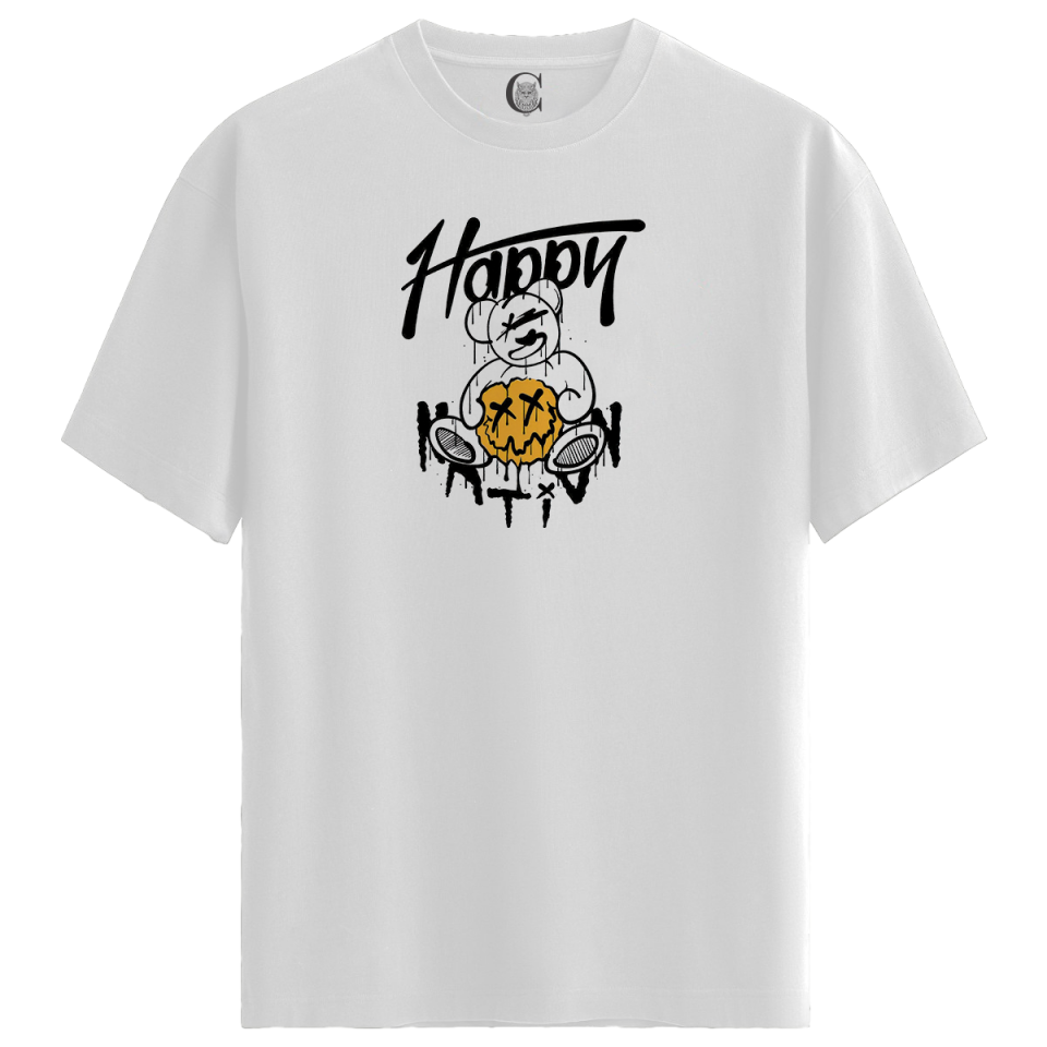 Happy Teddy - %100 Pamuklu Kadın Beyaz Tişört - Premium Quality