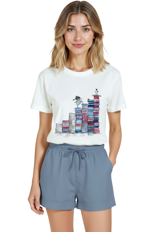 Kadın Beyaz Relaxed Fit %100 Pamuk Tişört – Suluboya Kitap Tepeleri & Kız İllüstrasyonlu