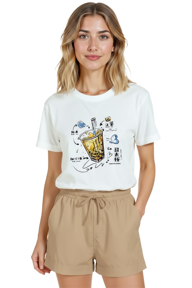 Kadın Beyaz Relaxed Fit %100 Pamuk Tişört – Bubble Tea & Çizgisel İllüstrasyonlu