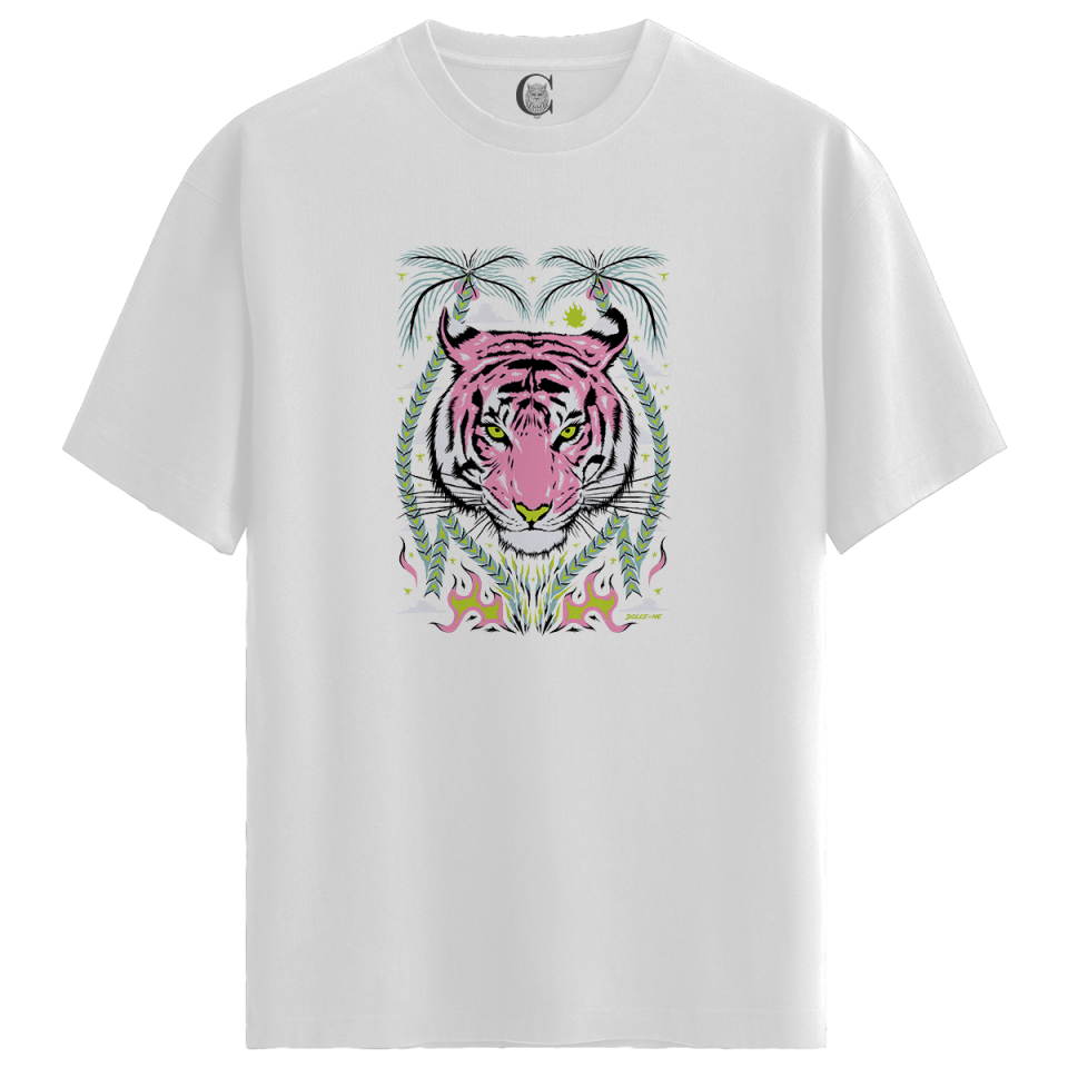 Pink Tiger - %100 Pamuklu Kadın Beyaz Tişört - Premium Quality