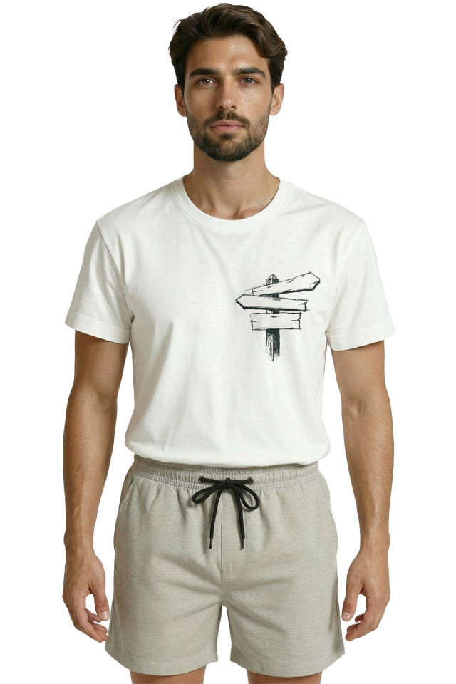 Eskiz Ahşap Yön Tabelası Baskılı Minimalist Tasarım Premium Erkek Tişört