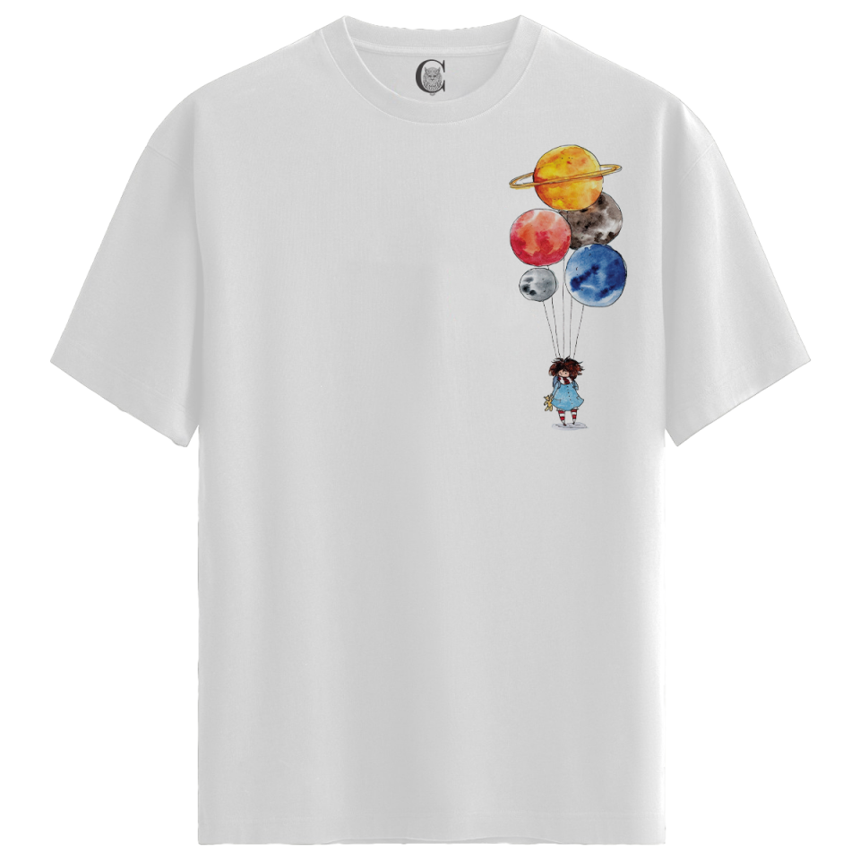 Planet Balloons - %100 Pamuklu Kadın Beyaz Tişört - Premium Quality