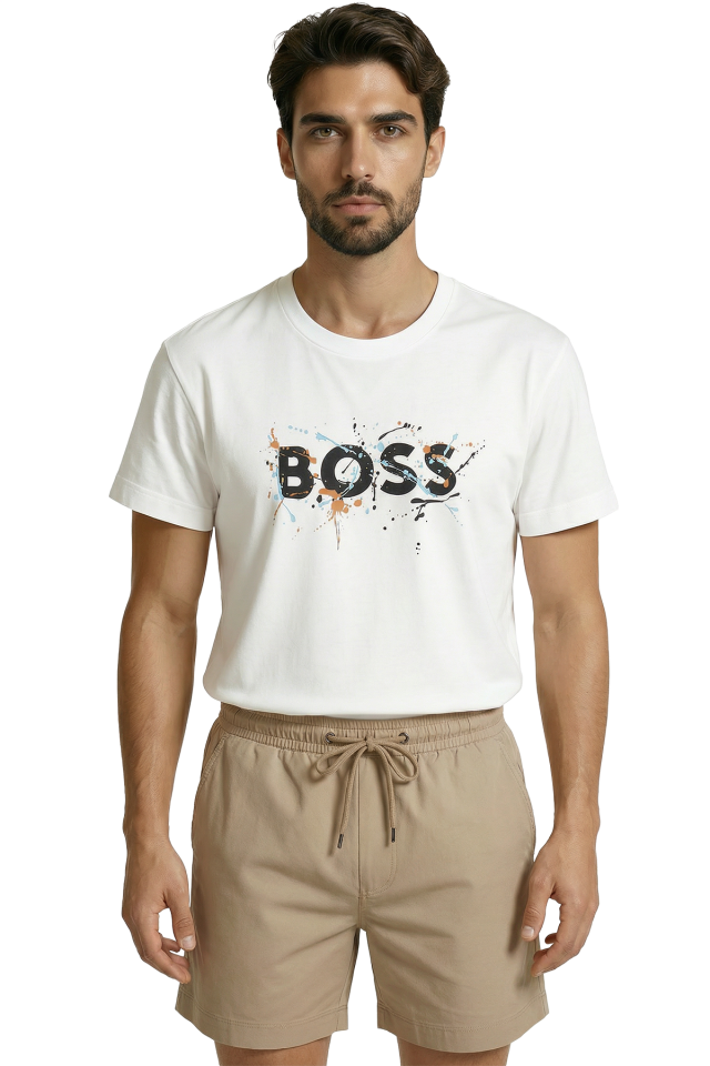 BOSS Yazılı ve Renkli Boya Sıçratma Efektli Tasarım Premium Erkek Tişört