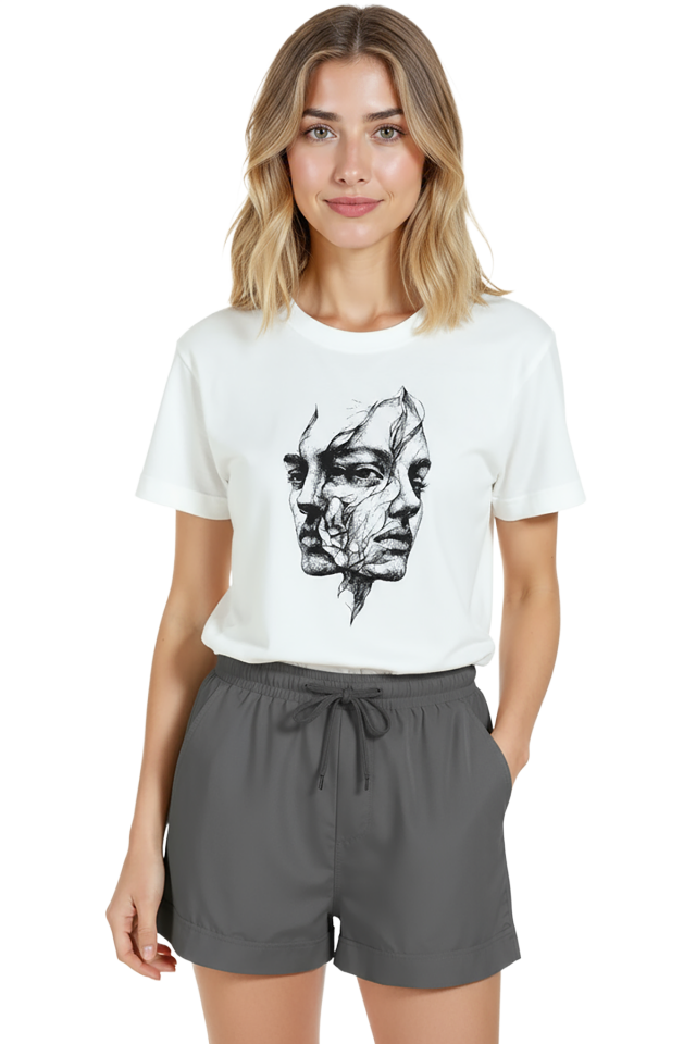 Kadın Beyaz Relaxed Fit %100 Pamuk Tişört – İkiz Yüz Karakalem Baskılı