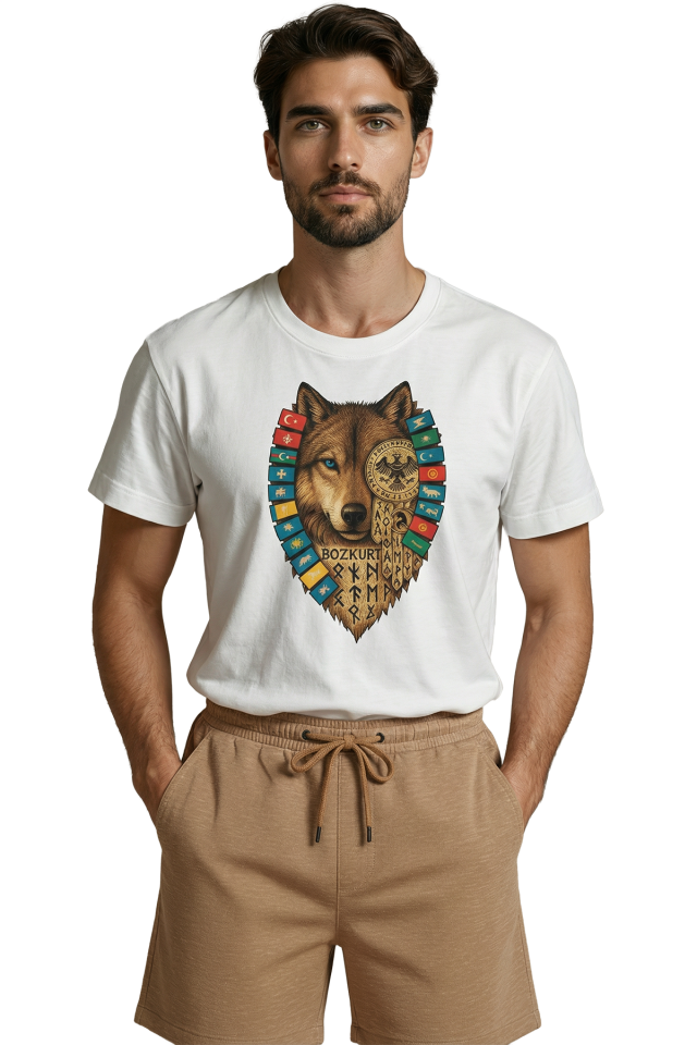 Türk Devletleri Bayraklı ve Göktürkçe Yazılı Bozkurt Tasarım Premium Erkek Tişört