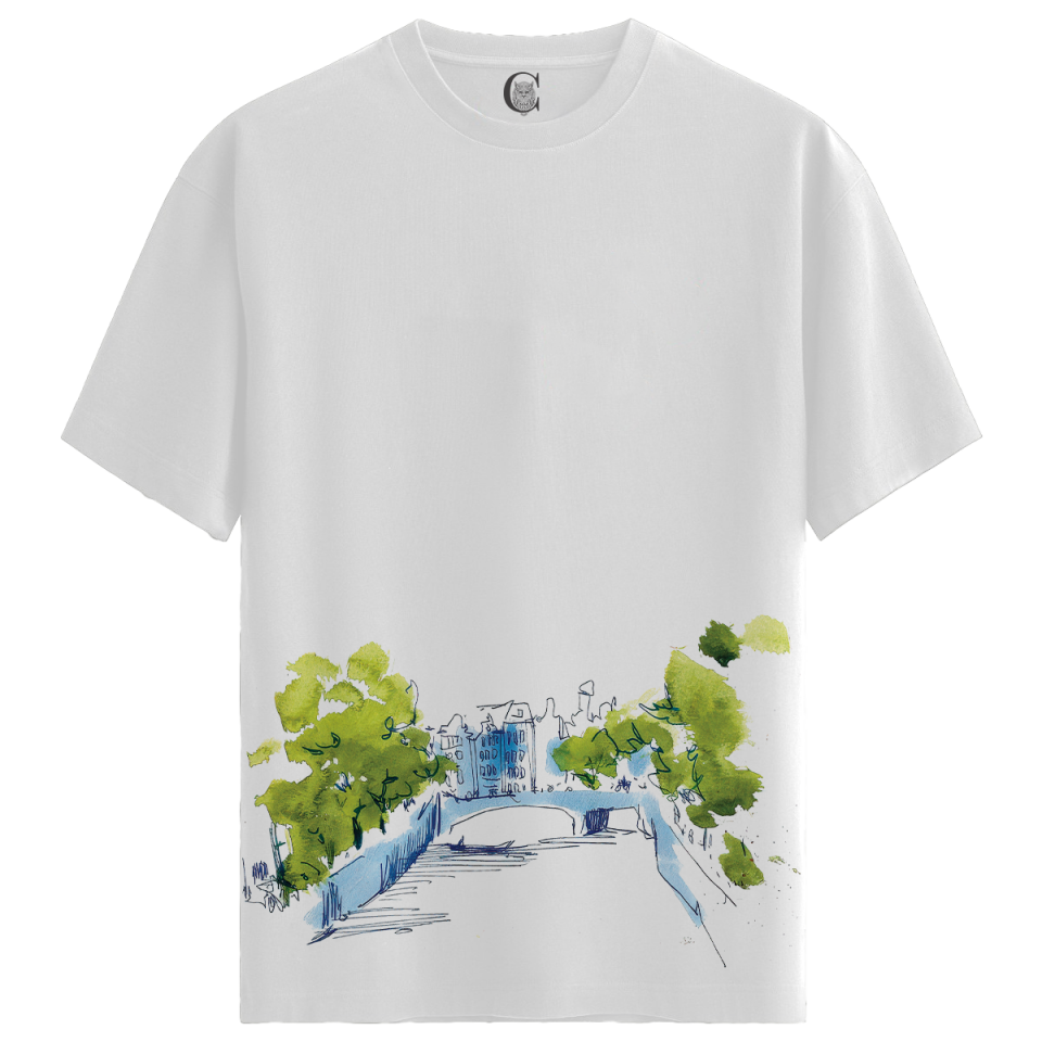 Canal Sketch - %100 Pamuklu Erkek Beyaz Tişört - Premium Quality