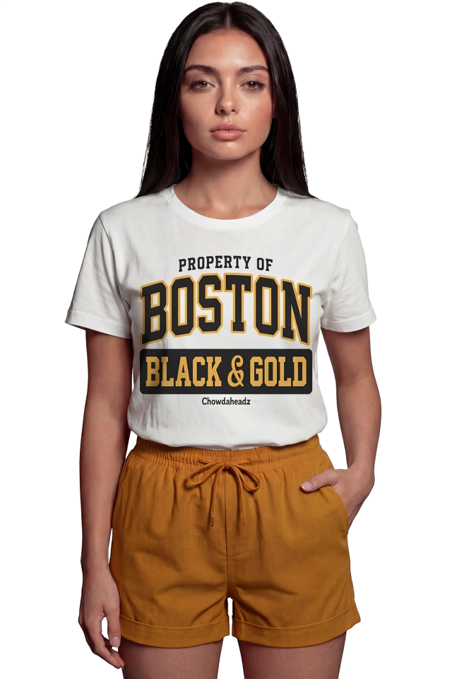 ''Boston Black & Gold'' Yazılı Sportif Baskılı %100 Pamuk Rahat Kesim Premium Kadın Tişört