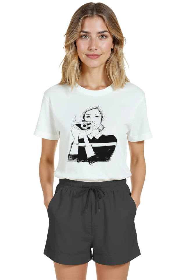 Kadın Beyaz Relaxed Fit %100 Pamuk Tişört – Çizgisel Fotoğrafçı & Kamera Baskılı