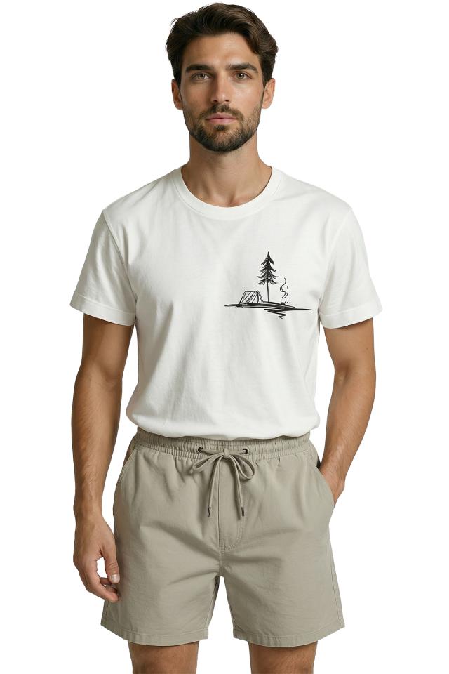 Minimalist Kamp Çadırı ve Ağaç Eskiz Baskılı Premium Erkek Tişört