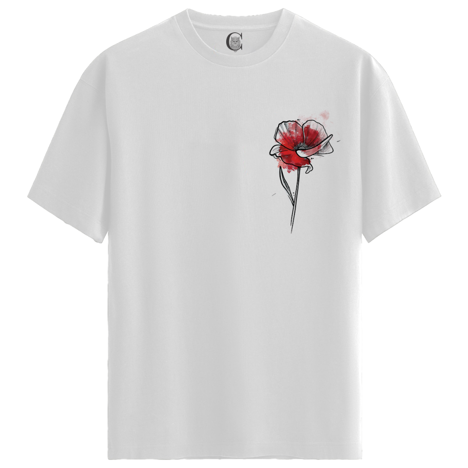 Red Poppy - %100 Pamuklu Kadın Beyaz Tişört - Premium Quality