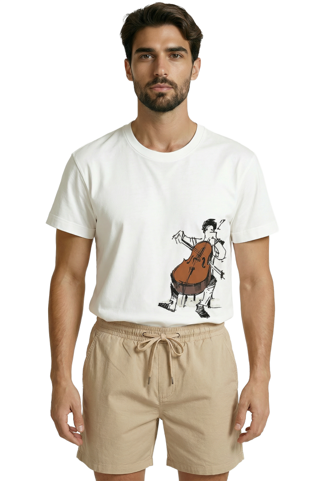 Sanatsal Çello Çalan Müzisyen Eskiz Baskılı Premium Erkek Tişört