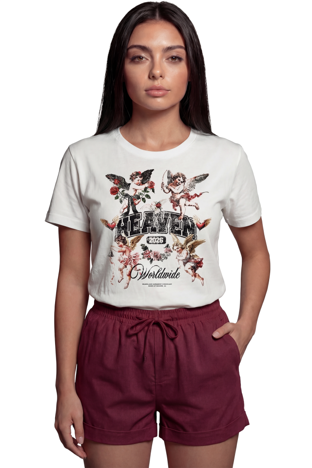 ''Heaven Worldwide'' Melek ve Gotik Temalı Baskılı %100 Pamuk Rahat Kesim Premium Kadın Tişört