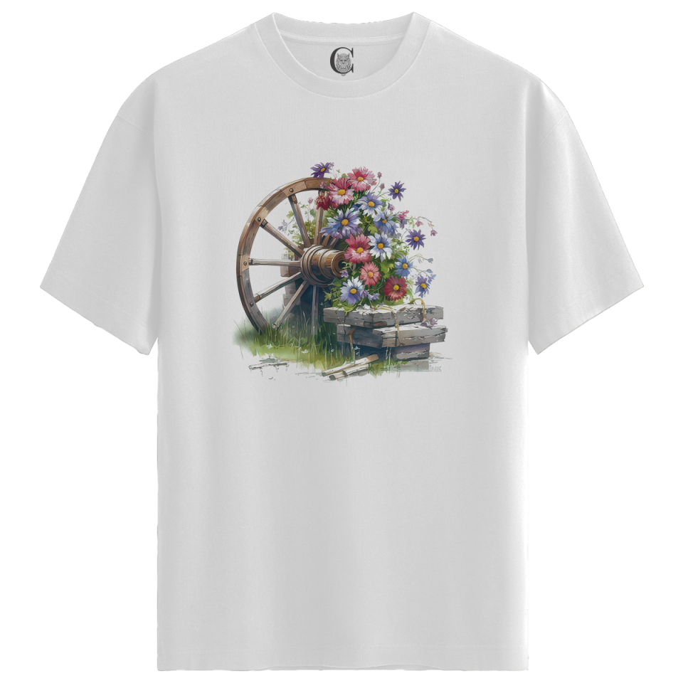 Rustic Blossom - %100 Pamuklu Kadın Beyaz Tişört - Premium Quality