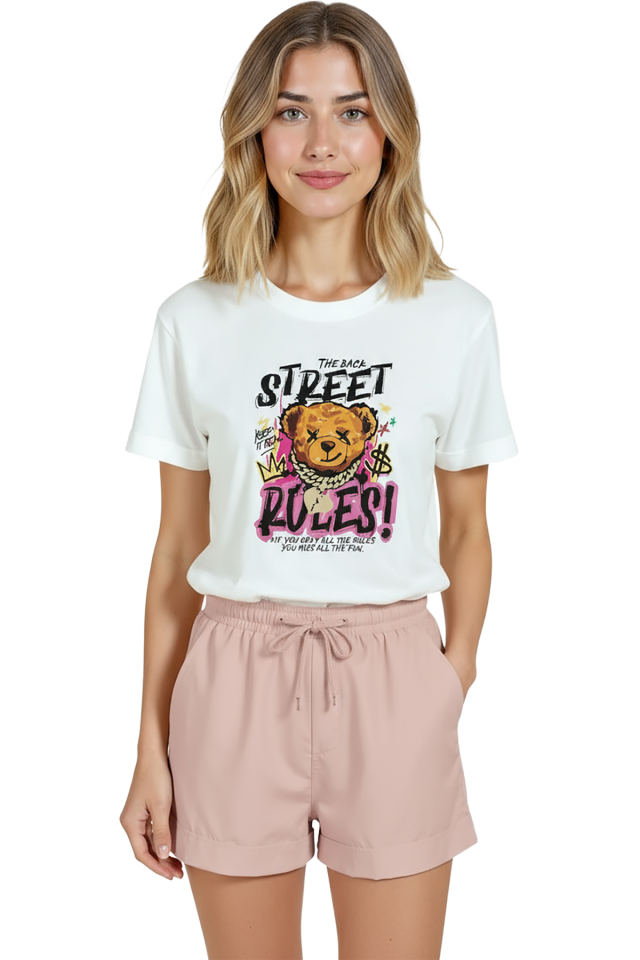 Kadın Beyaz Relaxed Fit %100 Pamuk Tişört – Street Teddy Graffiti Baskılı