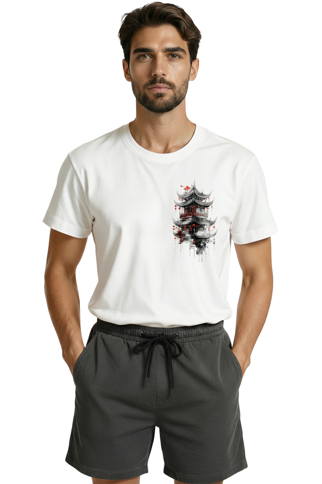 Mistik Uzak Doğu Pagoda ve Kırmızı Fenerler Baskılı Premium Erkek Tişört