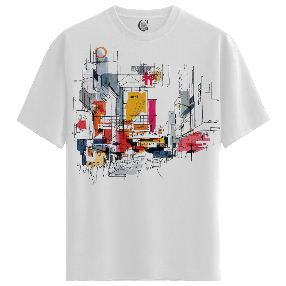 Cityscape Sketch - %100 Pamuklu Erkek Beyaz Tişört - Premium Quality