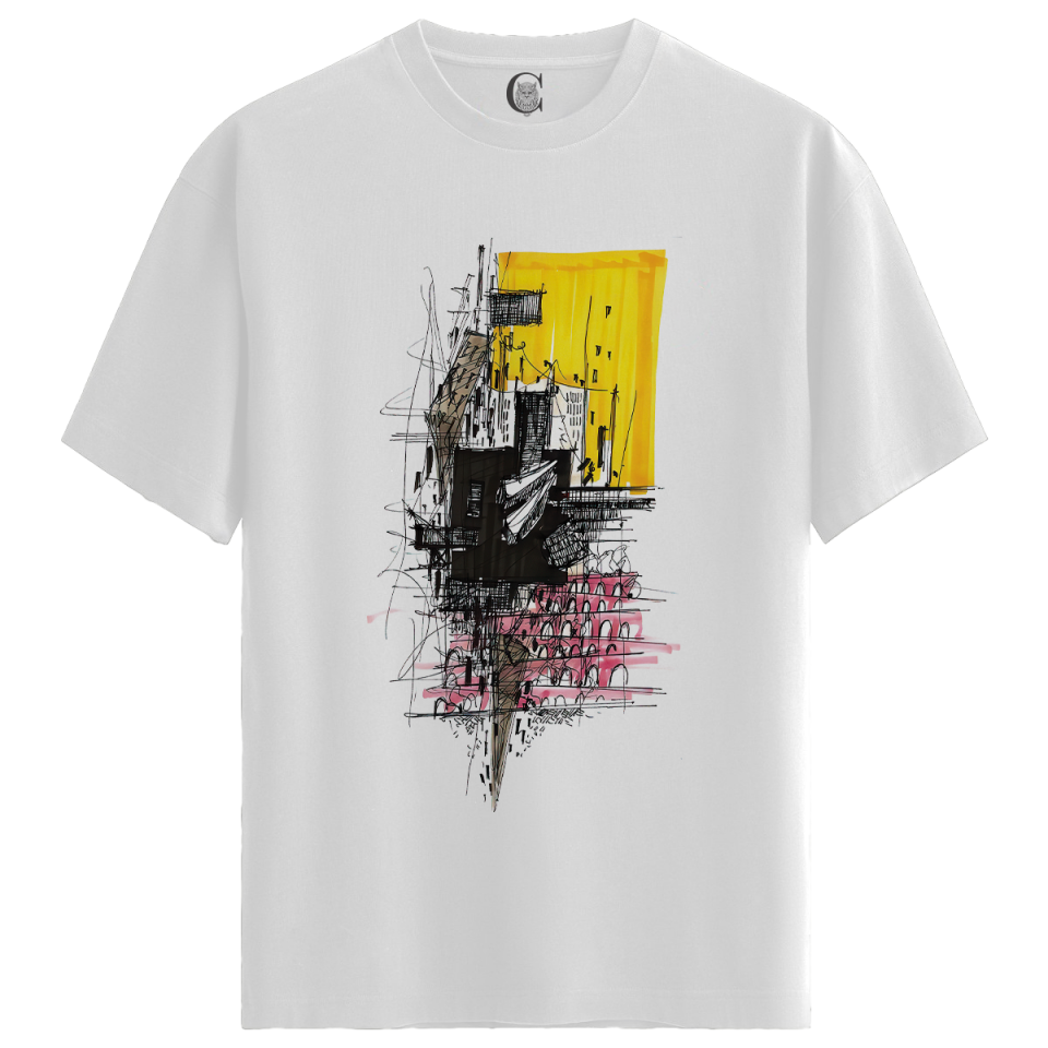 Abstract City - %100 Pamuklu Erkek Beyaz Tişört - Premium Quality