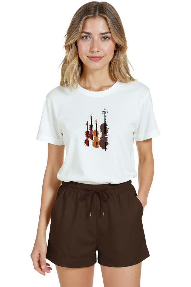 Kadın Beyaz Relaxed Fit %100 Pamuk Tişört – Çalgı Siluetleri Suluboya Baskılı