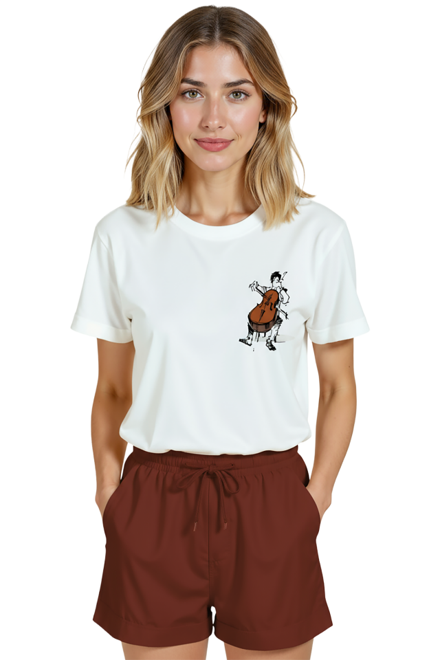 Kadın Beyaz Relaxed Fit %100 Pamuk Tişört – Çizgisel Viyolonsel & Müzik İllüstrasyonlu