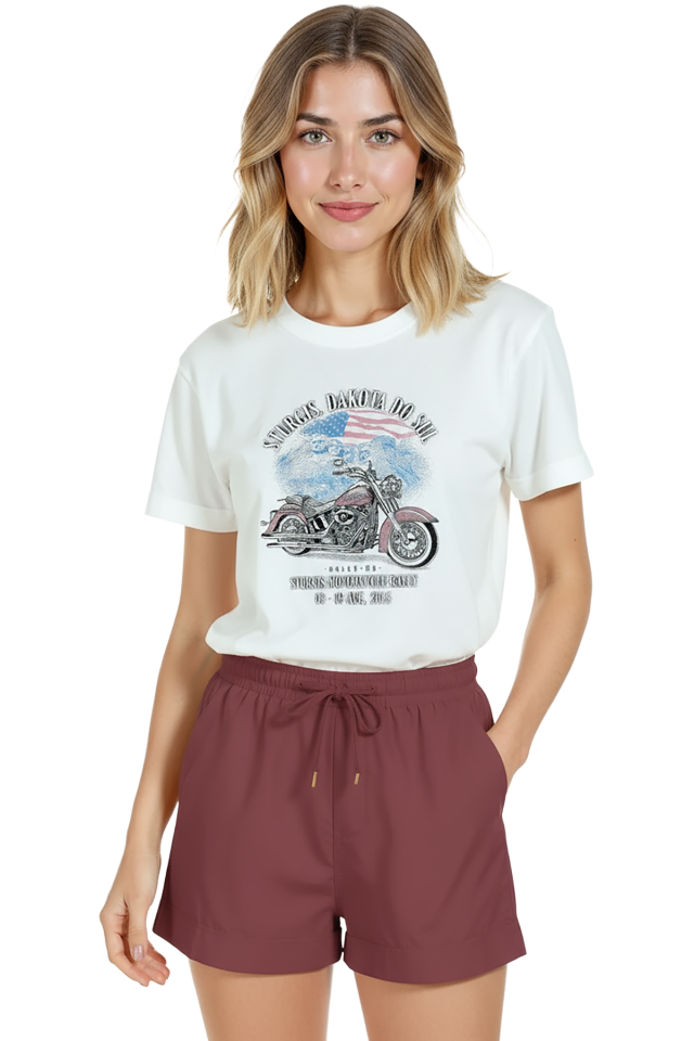 Kadın Beyaz Relaxed Fit %100 Pamuk Tişört – Sturgis Vintage Motosiklet Baskılı